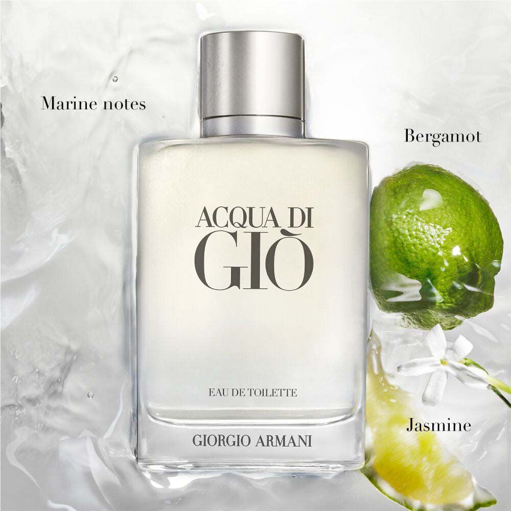 Giorgio Armani Acqua di Gio Eau de Toilette — clear glass signature bottle emerging from icy water with fresh lime and aquatic elements, evoking the freshness of the Mediterranean sea.