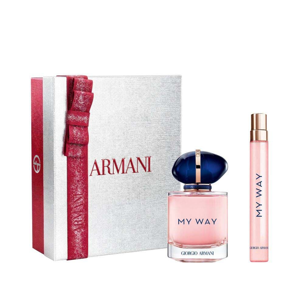 My Way Eau de Parfum 50ml and 10ml in a sleek blue bottle duo, nestled in an open white Armani gift box with red ribbon — women's floral fragrance gift set.