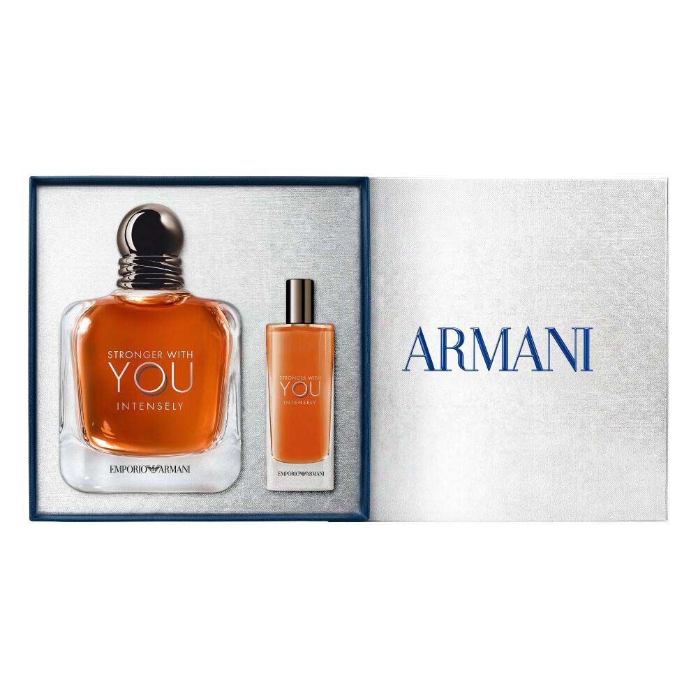 Emporio Armani Stronger With You Intensely Eau de Parfum 100ml — gift set with signature amber bottle and Stronger With You Intensely 15ml  alongside the open Armani gift box, the complete gifting set revealed.