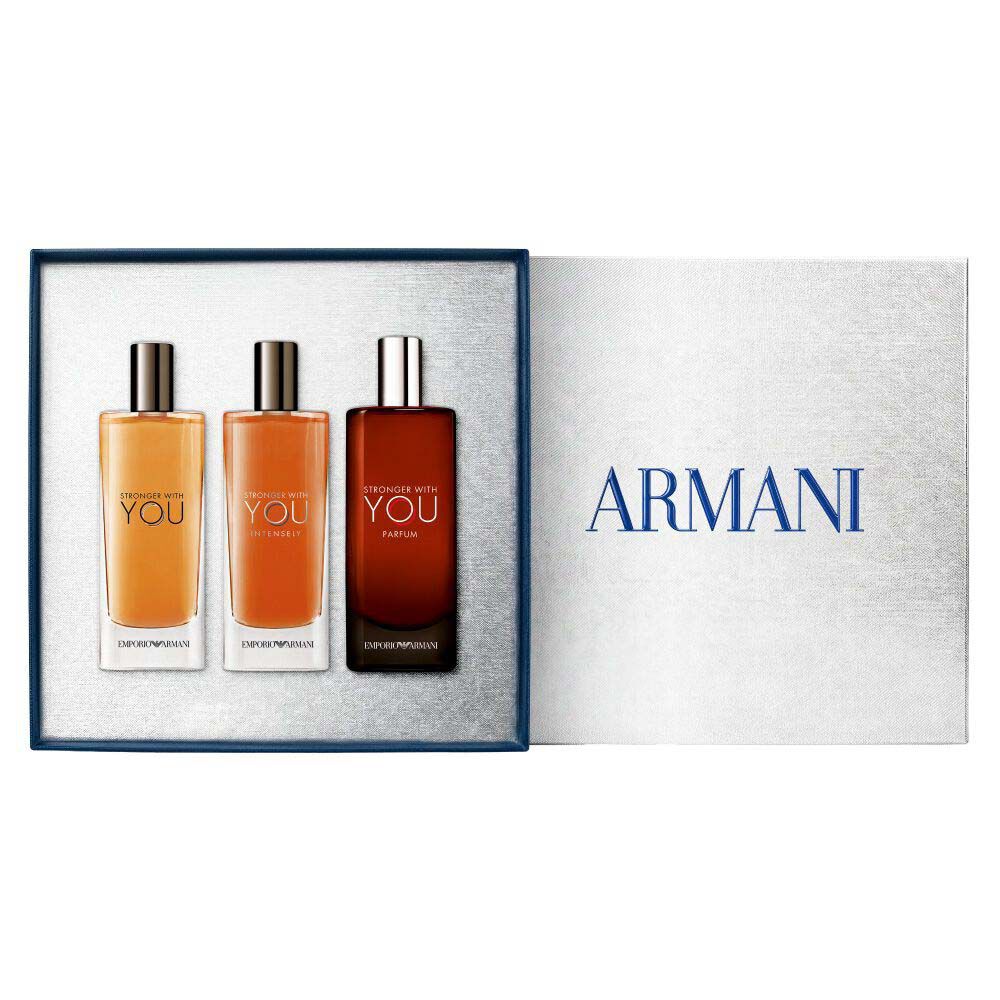 Emporio Armani Stronger With You Eau de Toilette 15ml, Stronger With You Intensely 15ml and Stronger With You Parfum 15ml — three-piece fragrance gift set presented alongside the open grey Armani gift box, the complete gifting set revealed.