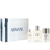 Giorgio Armani Acqua di Gio Eau de Toilette 100ml gift set — signature bottle and Deodorant Stick 75g displayed alongside the grey Armani gift box, white background.