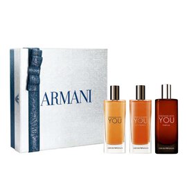 Emporio Armani Stronger With You Eau de Toilette 15ml, Stronger With You Intensely 15ml and Stronger With You Parfum 15ml — three-piece fragrance gift set displayed alongside the grey Armani gift box, white background.