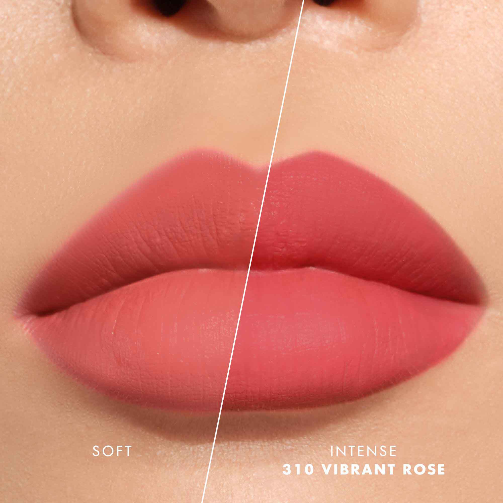 Close-up of lips showing shade 520 Dusty Rose in two intensities: soft on the left and intense on the right, with a velvet-matte finish.
