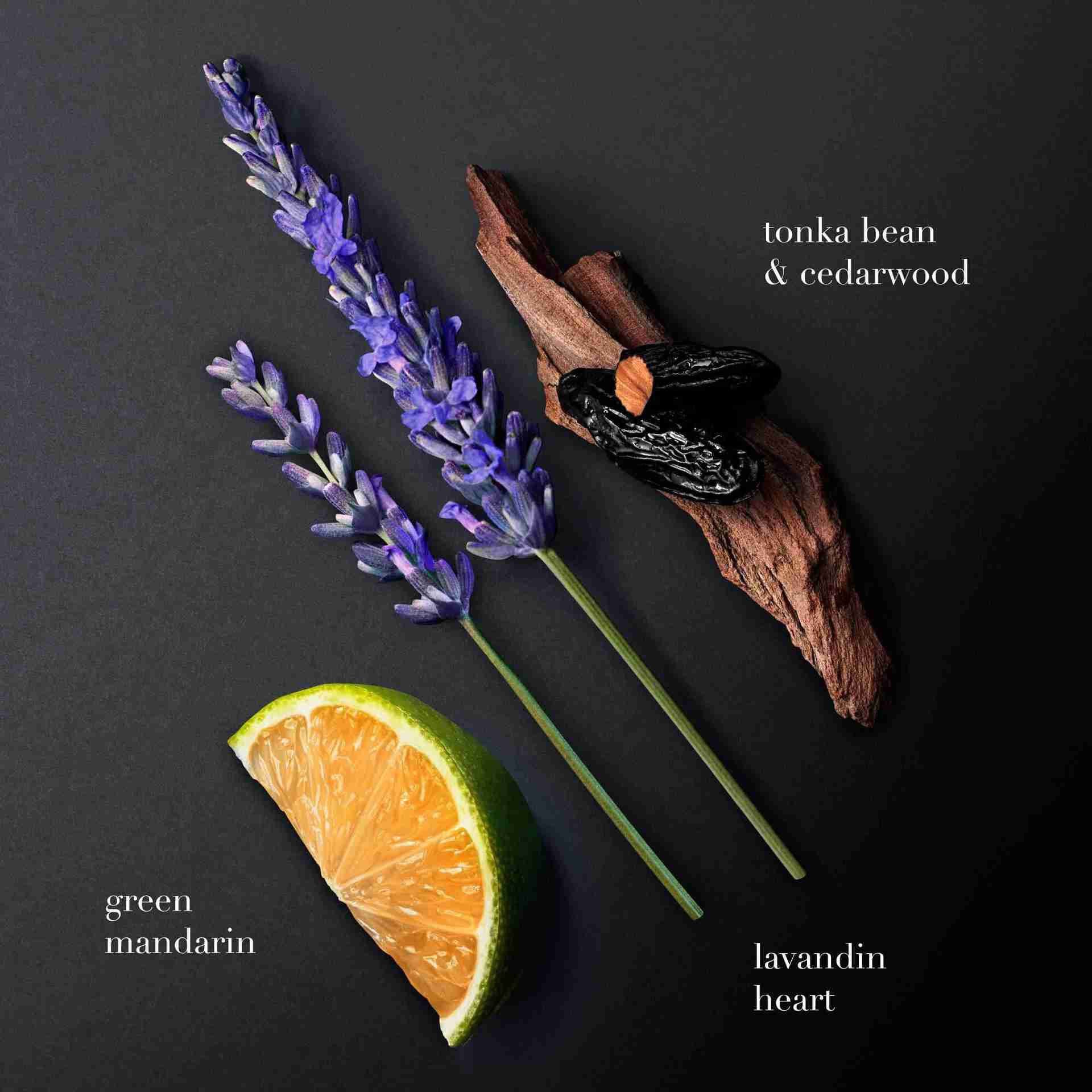 A flat lay on a dark background showcases three key fragrance ingredients: green mandarin, purple lavandin (lavender), and cedarwood with glossy black tonka beans. Each element is labeled: "green mandarin," "lavandin heart," and "tonka bean & cedarwood."