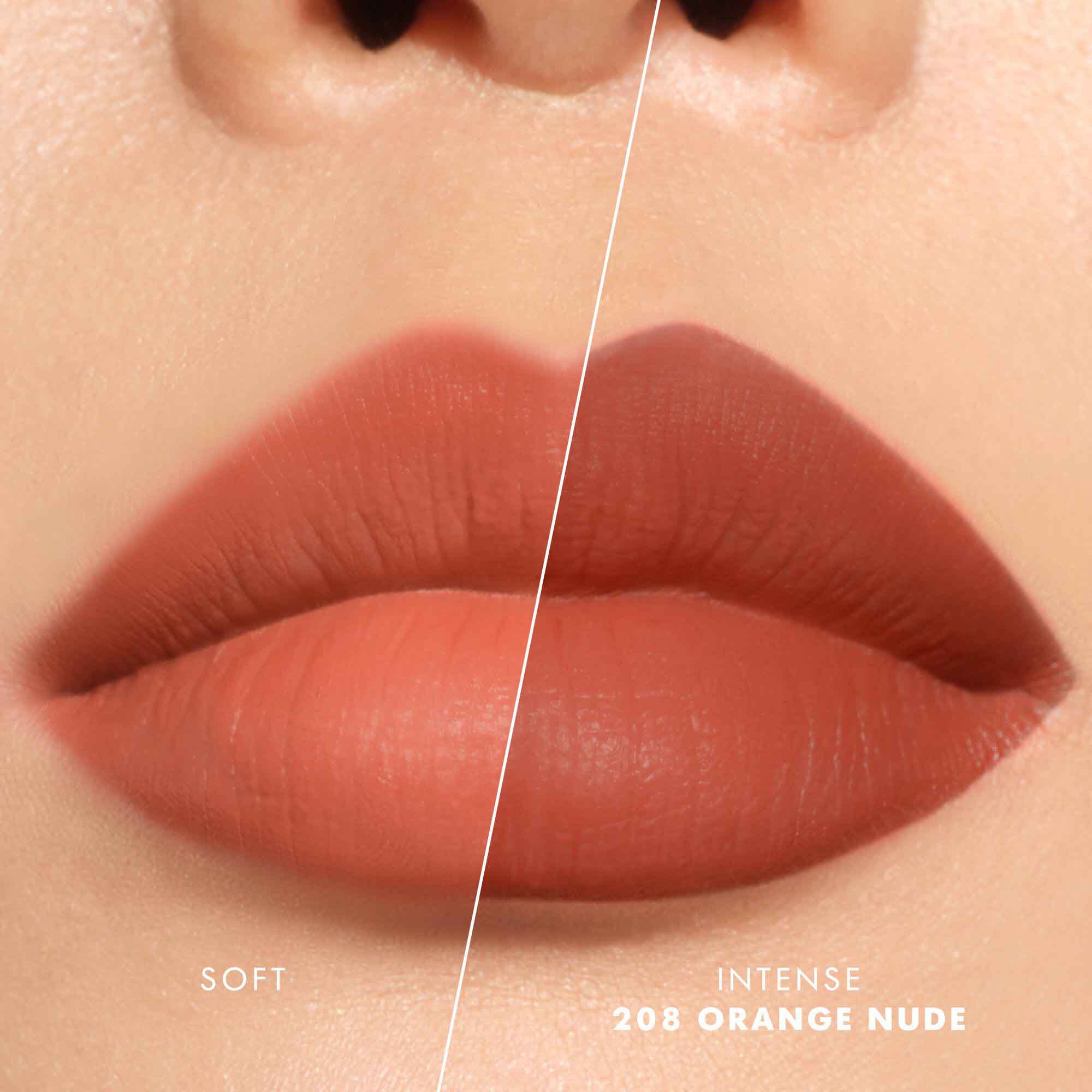Close-up of lips showing shade 520 Dusty Rose in two intensities: soft on the left and intense on the right, with a velvet-matte finish.