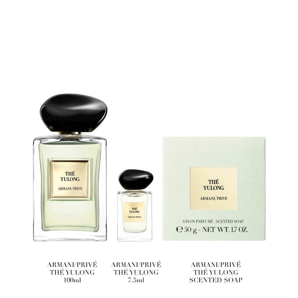 Armani Prive Les Eaux The Yulong Holiday gift set contents: 100ml eau de parfum bottle, 15ml miniature, and The Yulong scented soap, displayed on a white background.