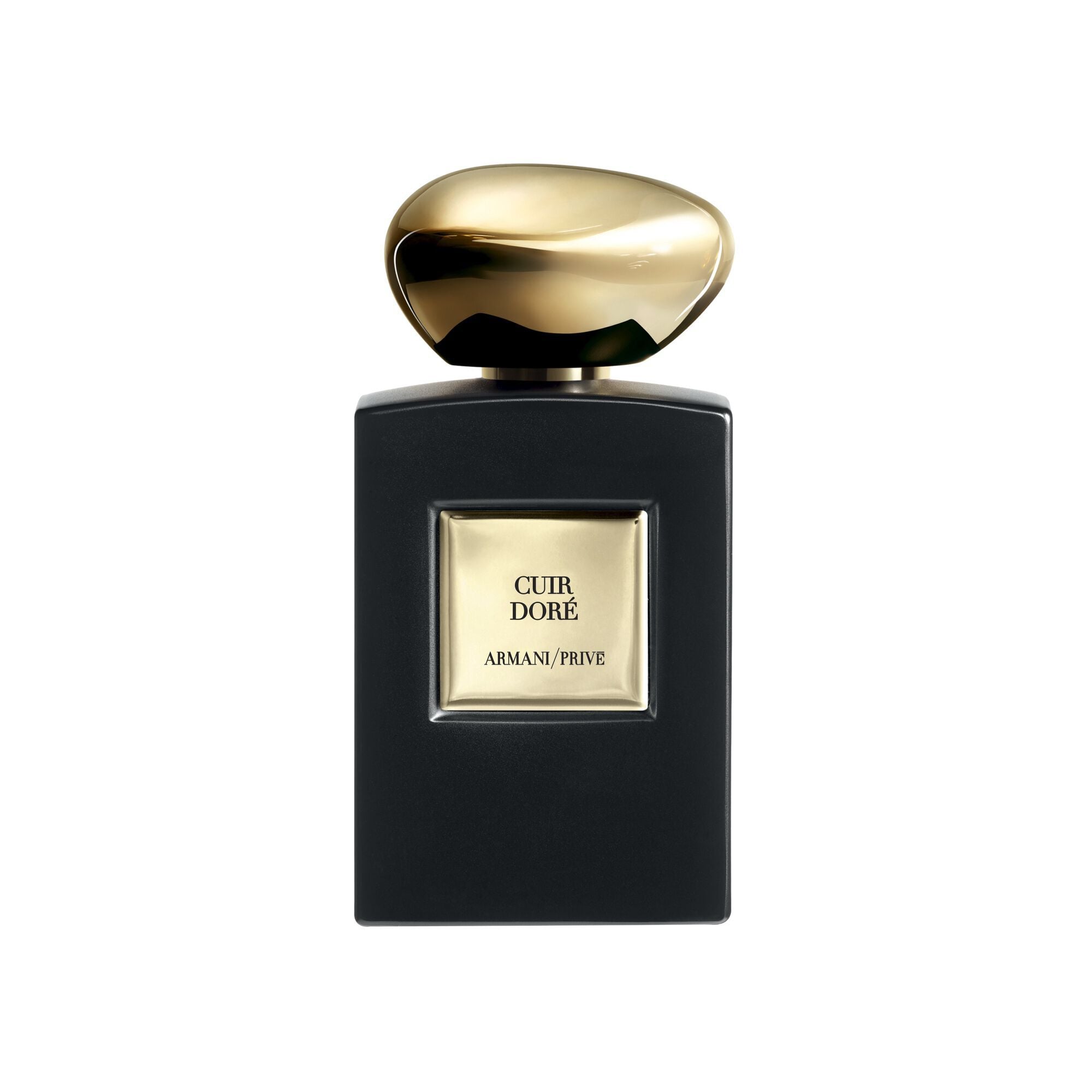 Armani/Prive Cuir Dore fragrance in its black bottle with golden cap.