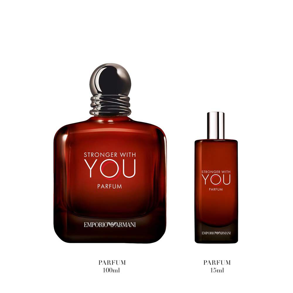 Emporio Armani Stronger With You Parfum — 100ml and travel-size deep red spray bottles displayed side by side on a clean pale grey background.