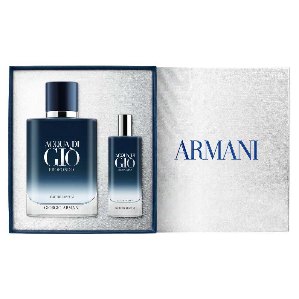 Giorgio Armani Acqua di Gio Profondo Eau de Parfum 100ml gift set — signature bottle and 15ml bottle  neatly arranged inside the open grey Armani gift box, white background.