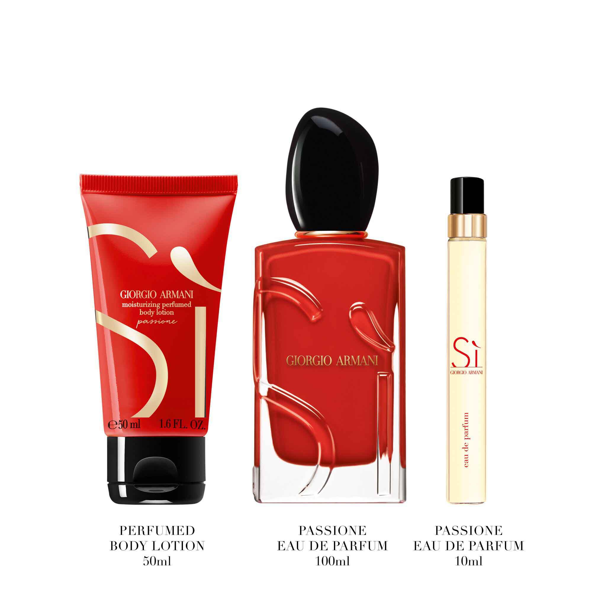 Si Passione Eau de Parfum 100ml, 10ml travel size and 50ml Perfumed Body Lotion  standing upright — Giorgio Armani women's floral fragrance gift set, white background.