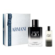 Giorgio Armani Acqua di Gio Eau de Parfum Intense 100ml gift set — signature bottle and 15ml bottle displayed alongside the grey Armani gift box, white background.