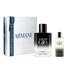 Giorgio Armani Acqua di Gio Eau de Parfum Intense 100ml gift set — signature bottle and 15ml bottle displayed alongside the grey Armani gift box, white background.