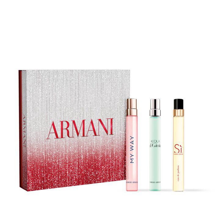 Armani 10ml holiday set: three perfume bottles and a red-and-white gift box.