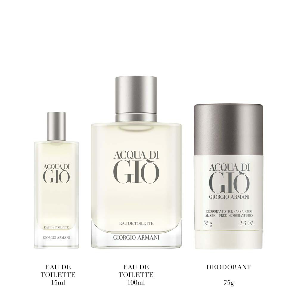 Giorgio Armani Acqua di Gio Eau de Toilette 100ml gift set — signature bottle and Deodorant Stick 75g displayed side by side on a pale surface.