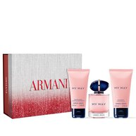 My Way Eau de Parfum 50ml fragrance, a 50ml Body Lotion and a 50ml Shower Gel presented in front of a festive red and silver ARMANI gift box.