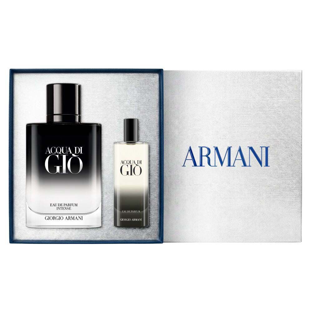 Giorgio Armani Acqua di Gio Profondo Eau de Parfum 100ml gift set — signature bottle and 15ml bottle  neatly arranged inside the open grey Armani gift box, white background.