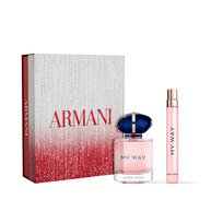 My Way Eau de Parfum  50ml fragrance and a 10ml fragrance presented in front of a festive red and silver ARMANI gift box.
