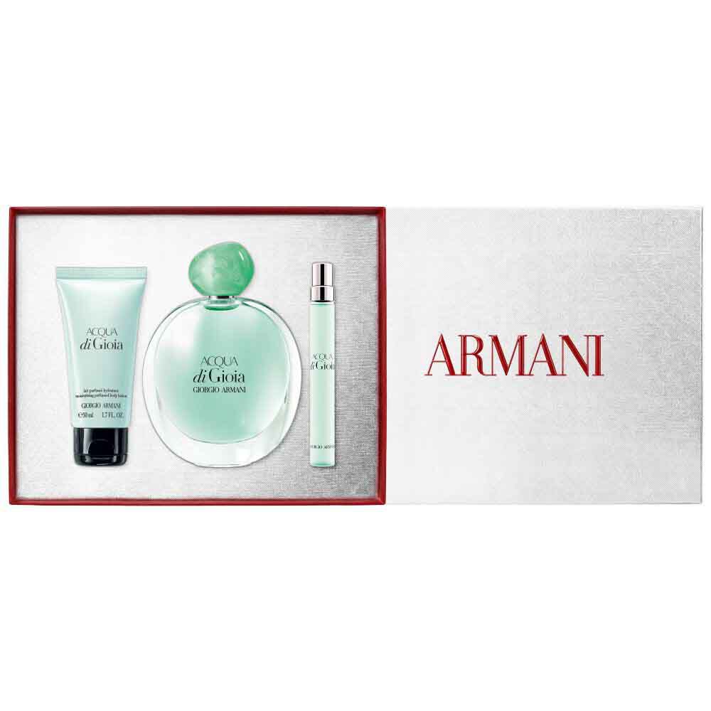 Acqua di Gioia Eau de Parfum 100ml, 10ml and Perfumed Body Lotion 50ml displayed in an open white Armani gift box — women's floral aquatic fragrance and body care gift set.