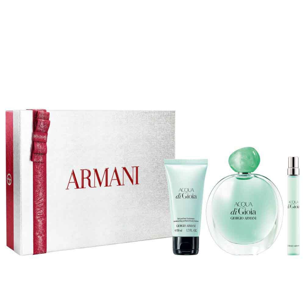 Acqua di Gioia Eau de Parfum 100ml, 10ml and Perfumed Body Lotion 50ml in an open white Armani gift box with red ribbon — women's floral aquatic fragrance gift set