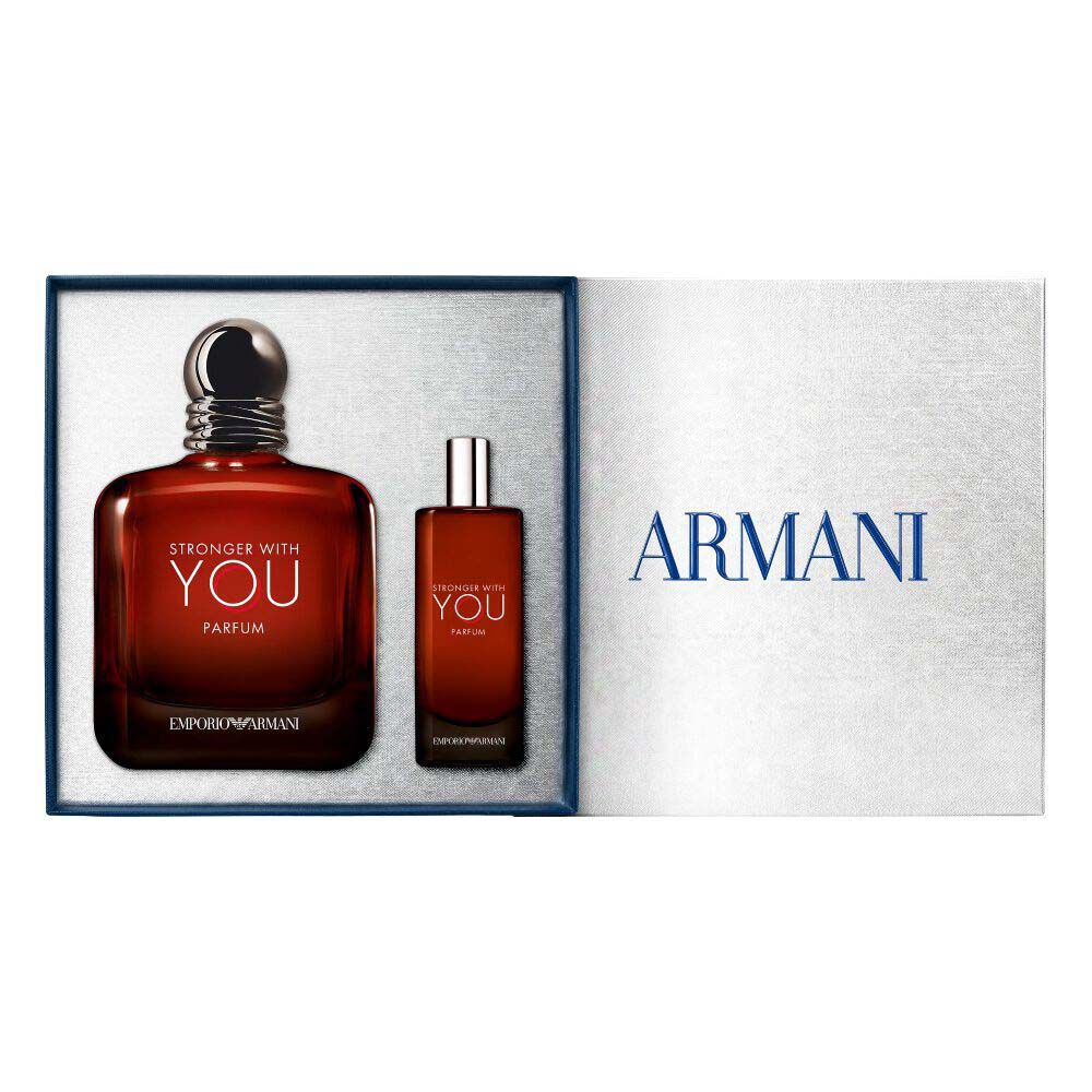 Emporio Armani Stronger With You  Parfum gift set — 100ml bottle and travel-size spray presented alongside the open grey Armani gift box, product and packaging shown together.