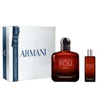 Emporio Armani Stronger With You Parfum gift set — 100ml deep red bottle and travel-size spray displayed alongside the grey Armani gift box, white background.