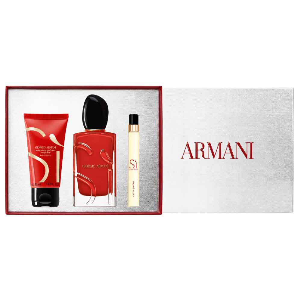 Si Passione Eau de Parfum 100ml, 10ml travel size and 50ml Perfumed Body Lotion alongside an open white Armani gift box with red ribbon — women's floral fragrance gift set, white background.
