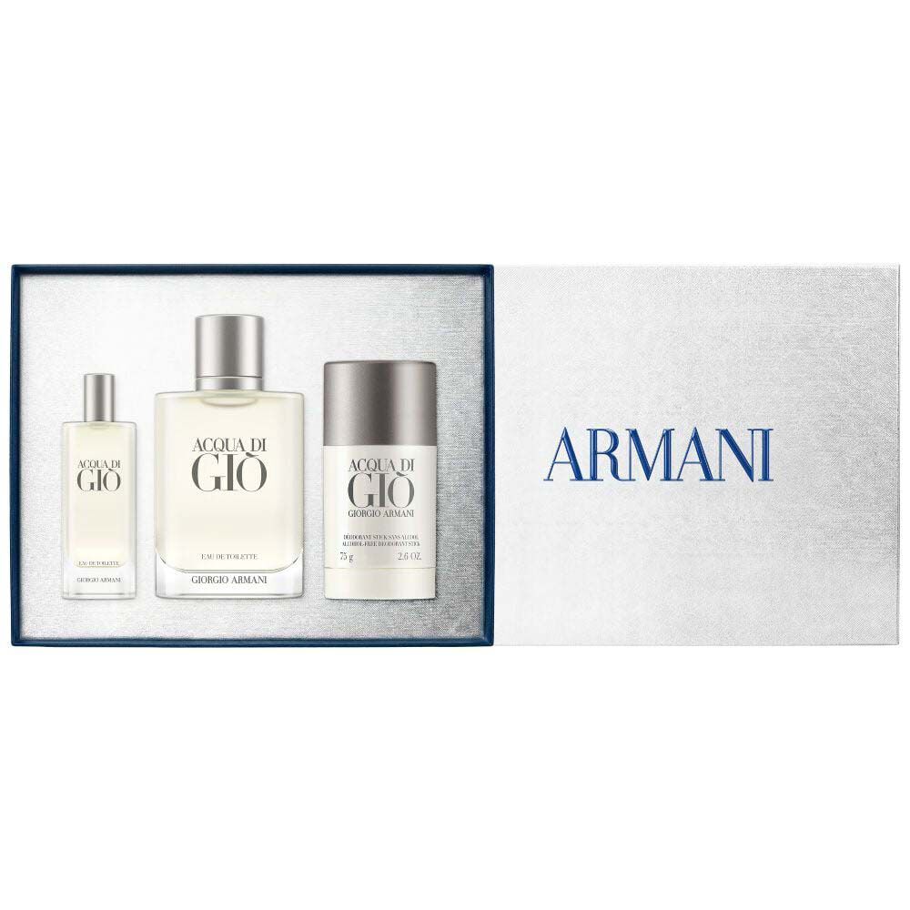 Giorgio Armani Acqua di Gio gift set — Acqua di Gio Eau de Toilette 100ml gift set — signature bottle and Deodorant Stick 75g neatly arranged inside the open grey Armani gift box, white background.