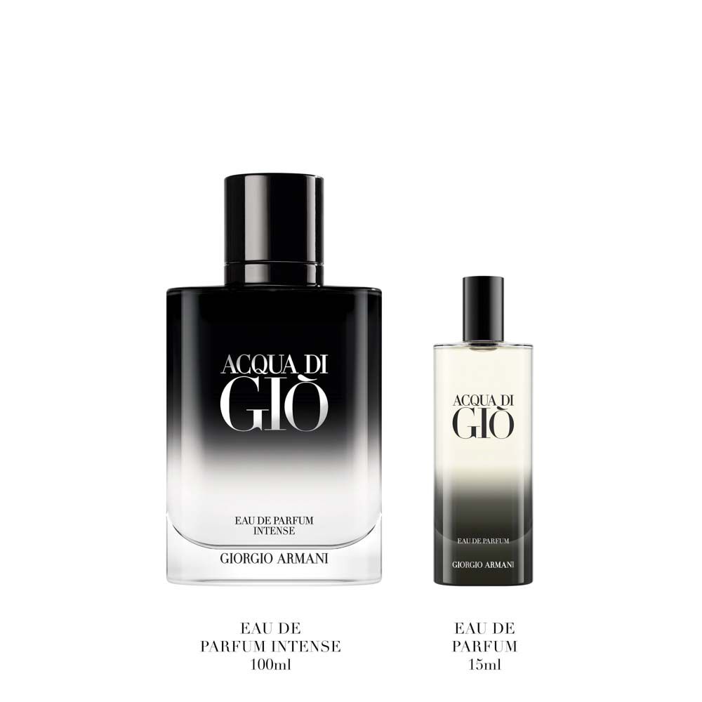 Giorgio Armani Acqua di Gio Profondo Eau de Parfum 100ml gift set — signature bottle and 15ml bottle displayed side by side on a pale surface.