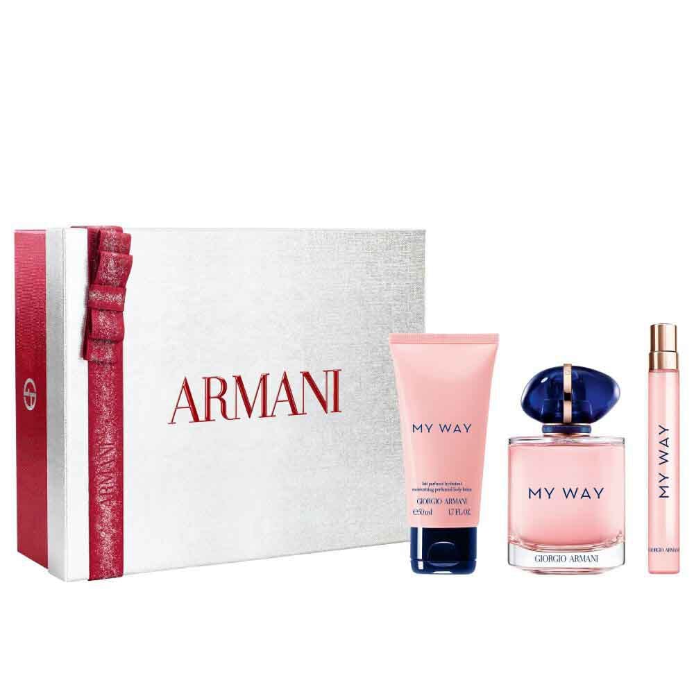 My Way Eau de Parfum 90ml fragrance, 10ml bottle and 50ml perfumed body lotion nestled in an open white Armani gift box with red ribbon — women's floral fragrance gift set.