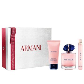 My Way Eau de Parfum 90ml fragrance, 10ml bottle and 50ml perfumed body lotion nestled in an open white Armani gift box with red ribbon — women's floral fragrance gift set.