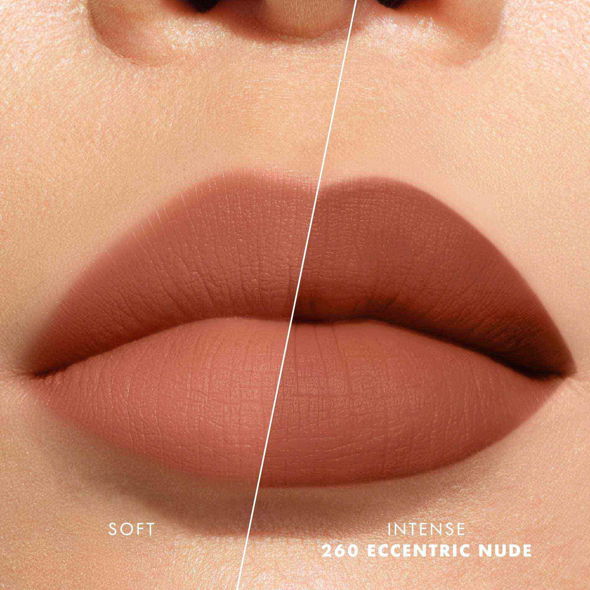Close-up of lips showing shade 520 Dusty Rose in two intensities: soft on the left and intense on the right, with a velvet-matte finish.