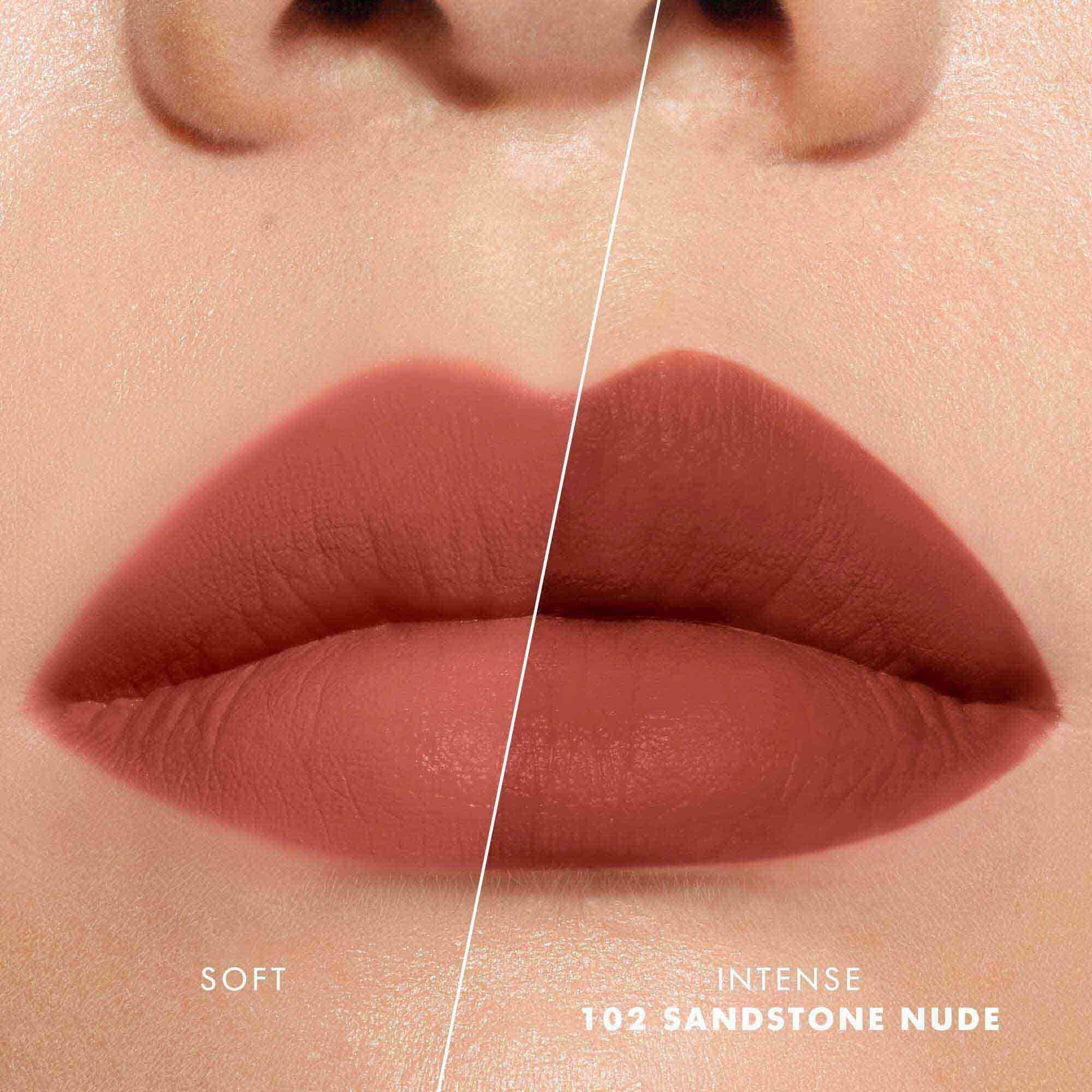 Close-up of lips showing shade 520 Dusty Rose in two intensities: soft on the left and intense on the right, with a velvet-matte finish.