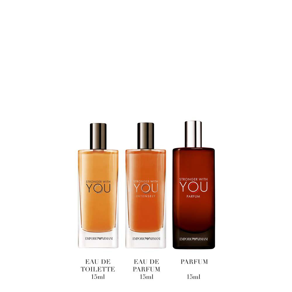 Emporio Armani Stronger With You Eau de Toilette 15ml, Stronger With You Intensely 15ml and Stronger With You Parfum 15ml — three signature bottles displayed side by side on a pale surface.