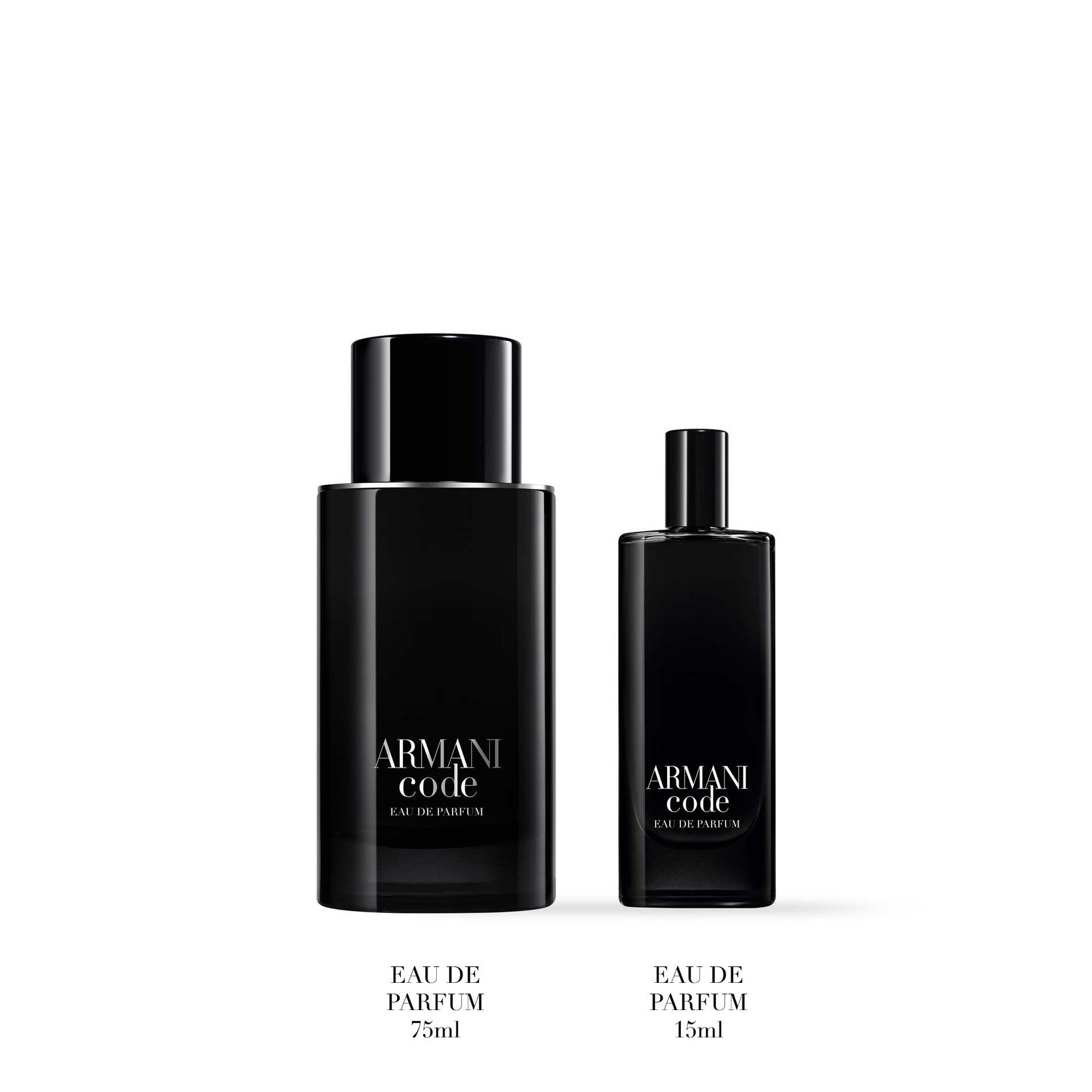 Two Armani Code products are arranged side by side against a white background. From left to right: a black bottle labeled “Eau de Toilette 50ml,” and a black bottle labeled “Eau de Toilette 15ml,”
