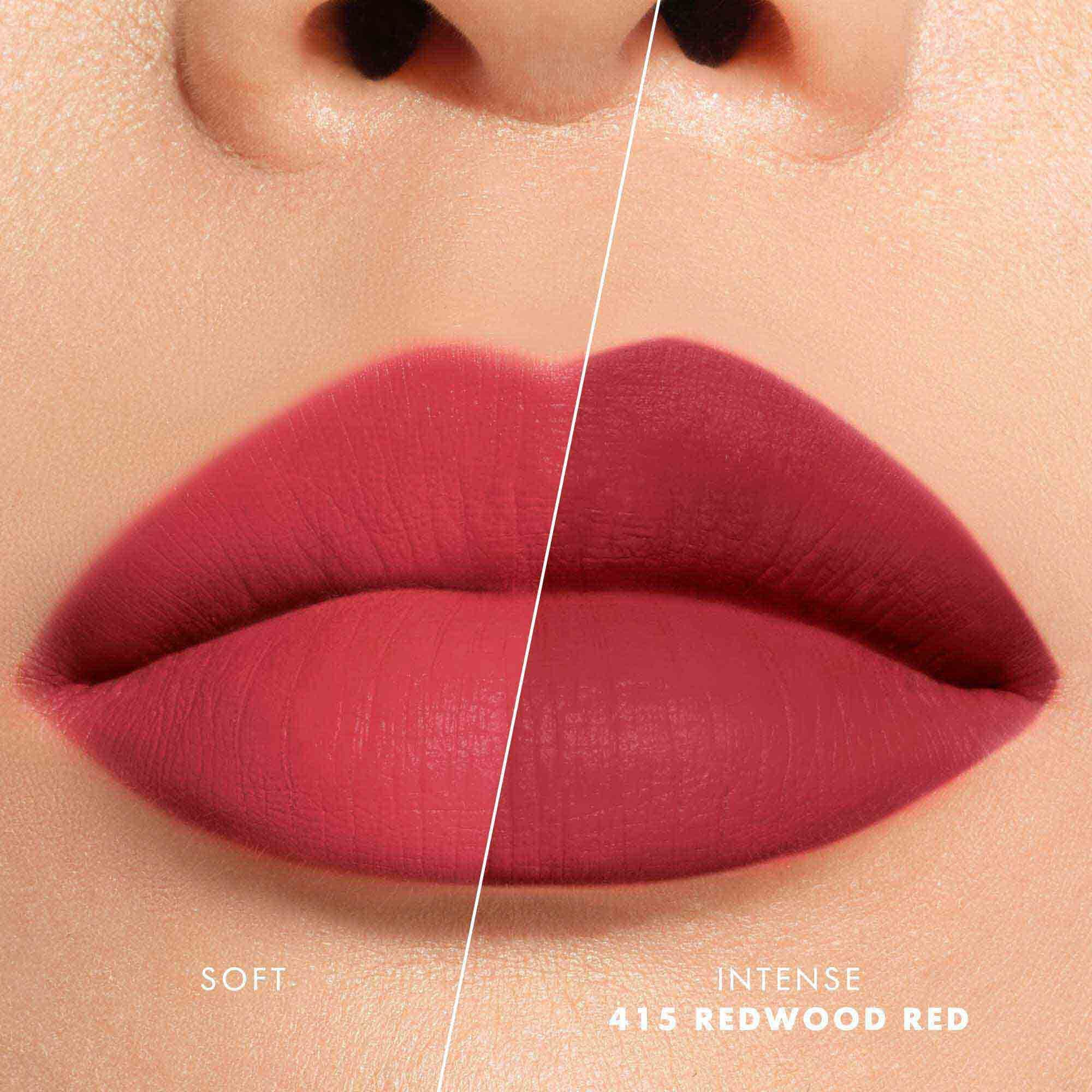 Close-up of lips showing shade 520 Dusty Rose in two intensities: soft on the left and intense on the right, with a velvet-matte finish.