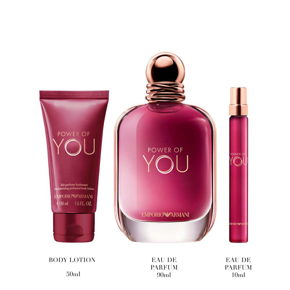 Power of You Eau de Parfum 50ml in a sleek ruby bottle, Power of You Eau de Parfum 10ml  and 50ml perfumed body lotion standing upright — Giorgio Armani women's floral fragrance gift set, white background.