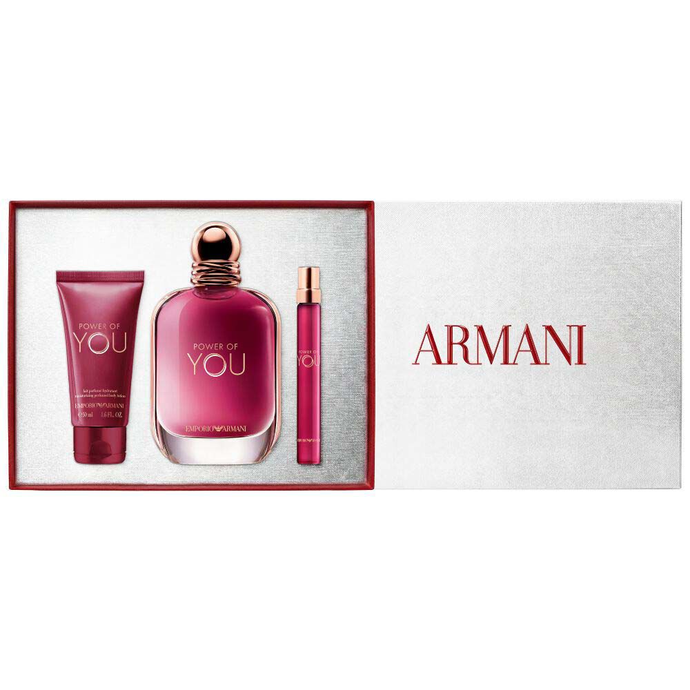 Power of You Eau de Parfum 50ml in a sleek ruby bottle, Power of You Eau de Parfum 10ml  and 50ml perfumed body lotion  alongside a white Armani gift box — women's floral fragrance gift set.