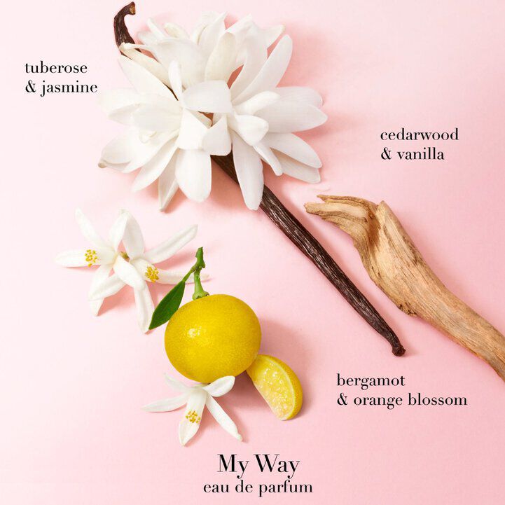 Armani My Way EDP ingredients: tuberose, bergamot, cedarwood and vanillaa on a light pink background.