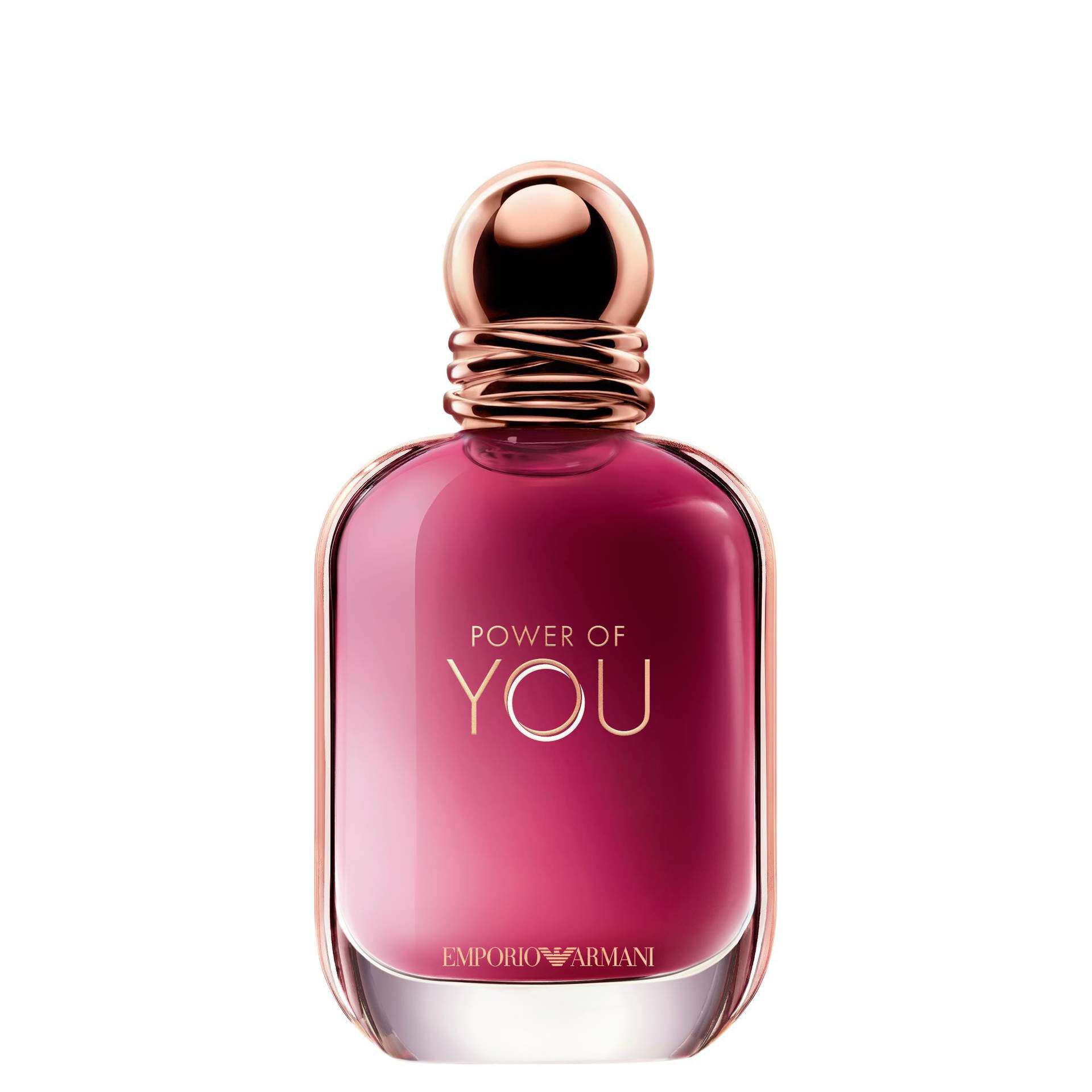 ARMANI POWER OF YOU perfume bottle, featuring a radiant ruby liquid and sleek gold-accented design. 