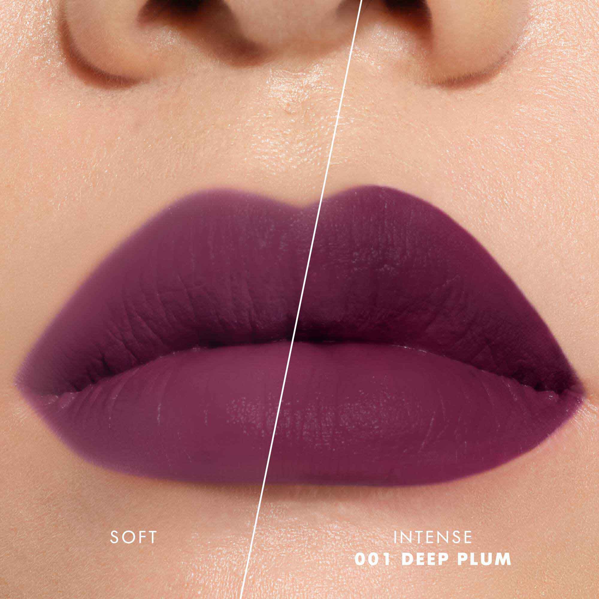 Close-up of lips showing shade 520 Dusty Rose in two intensities: soft on the left and intense on the right, with a velvet-matte finish.