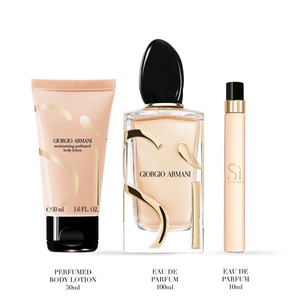 Armani Si Eau de Parfum 100 ml perfume, 10ml travel size and 50ml body lotion displayed side by side on a white background.	