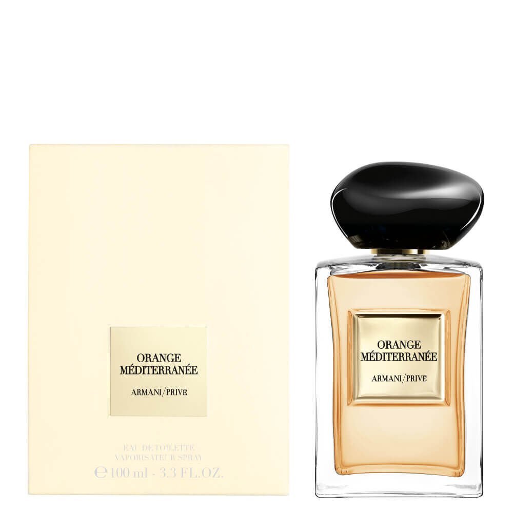 Armani/Prive Orange Mediterranee bottle and packaging, showcased in a refined, minimalistic style.