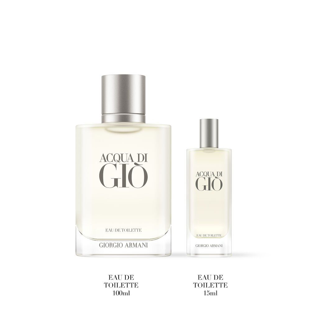 Two frosted bottles of Acqua di Gio Eau de Toilette, 100ml and 15ml, displayed on a white background.
