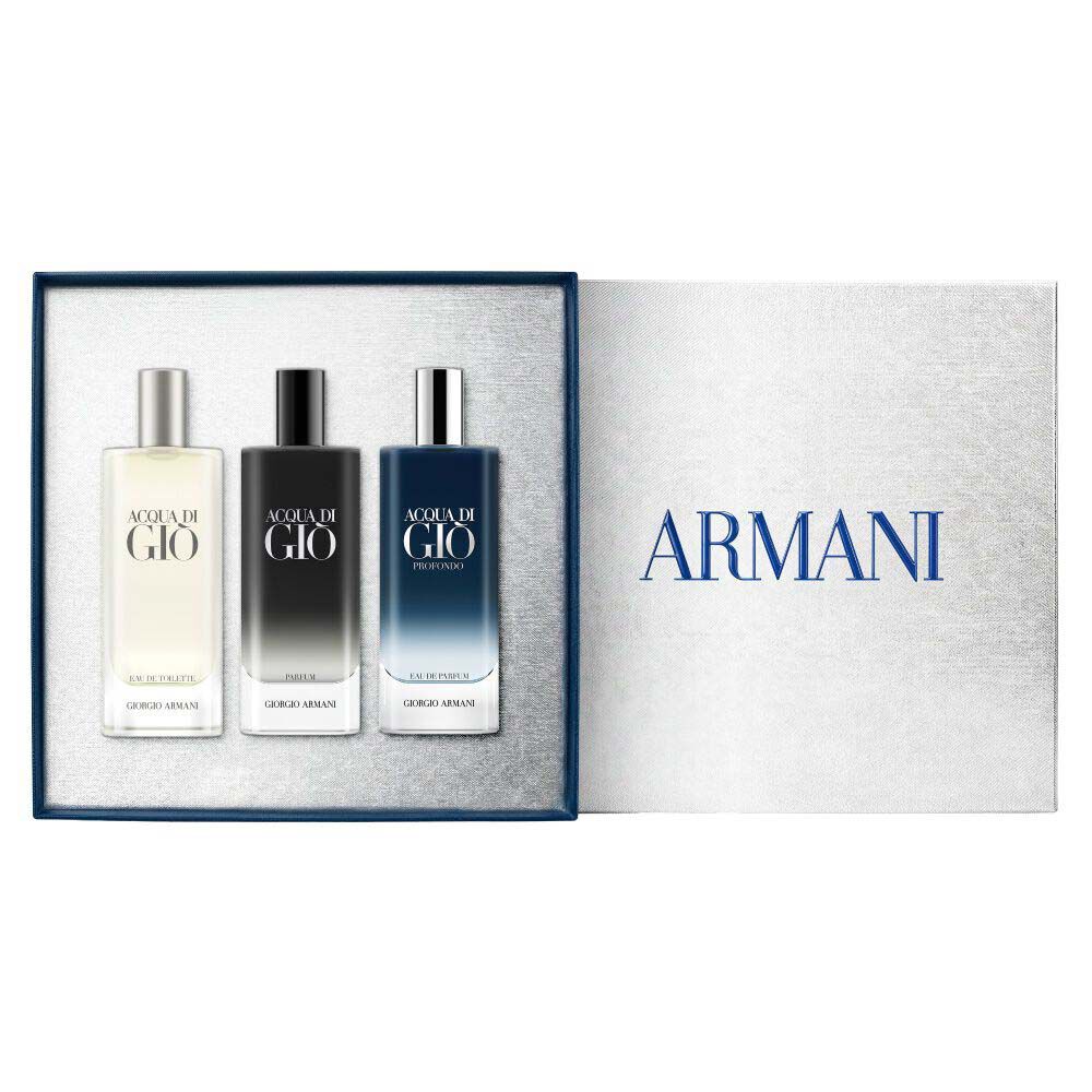 Acqua di Gio three-piece mini fragrance discovery set — Eau de Toilette, Profondo Eau de Parfum and Parfum 15ml — displayed in an open Armani gift box on a dark background.