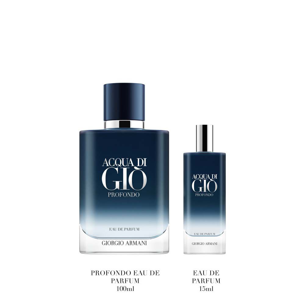 Giorgio Armani Acqua di Gio Profondo Eau de Parfum 100ml gift set — signature bottle and 15ml bottle displayed side by side on a pale surface.
