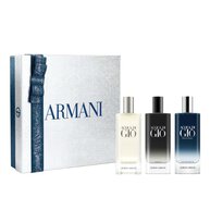Acqua di Gio three-piece mini fragrance gift set — Eau de Toilette, Profondo Eau de Parfum and Parfum 15ml — in an open Armani gift box, white background.