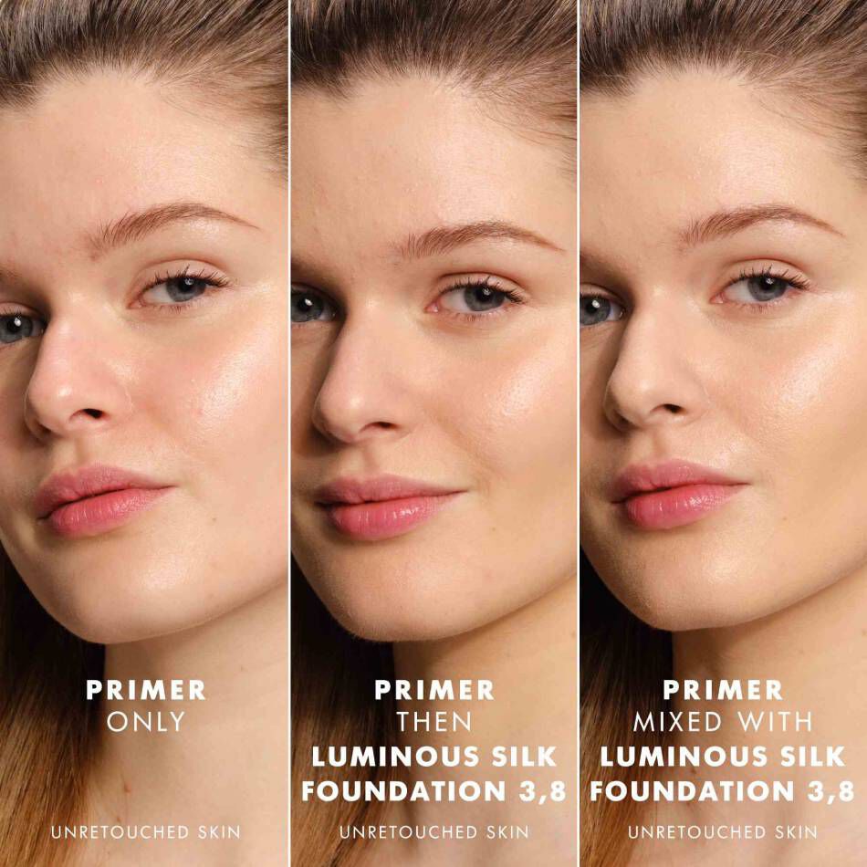 Comparison of primer use on unretouched skin - primer alone, layered under Luminous Silk Foundation, and mixed with Luminous Silk Foundation.