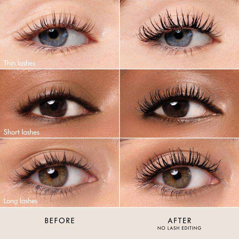 Before and after close-up lash comparison for Giorgio Armani Vertigo Lift mascara, showing three models' lashes before and after application.