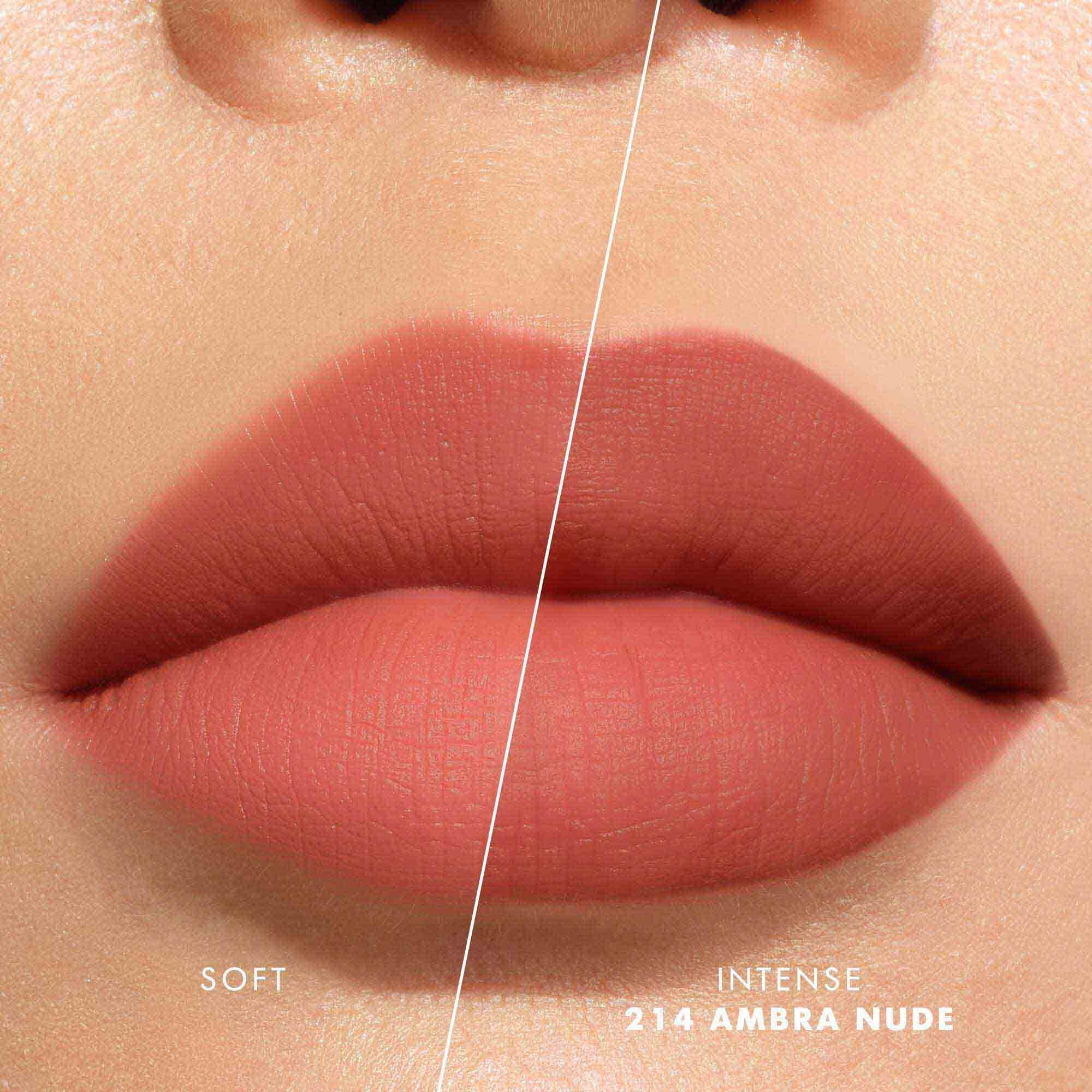 Close-up of lips showing shade 520 Dusty Rose in two intensities: soft on the left and intense on the right, with a velvet-matte finish.