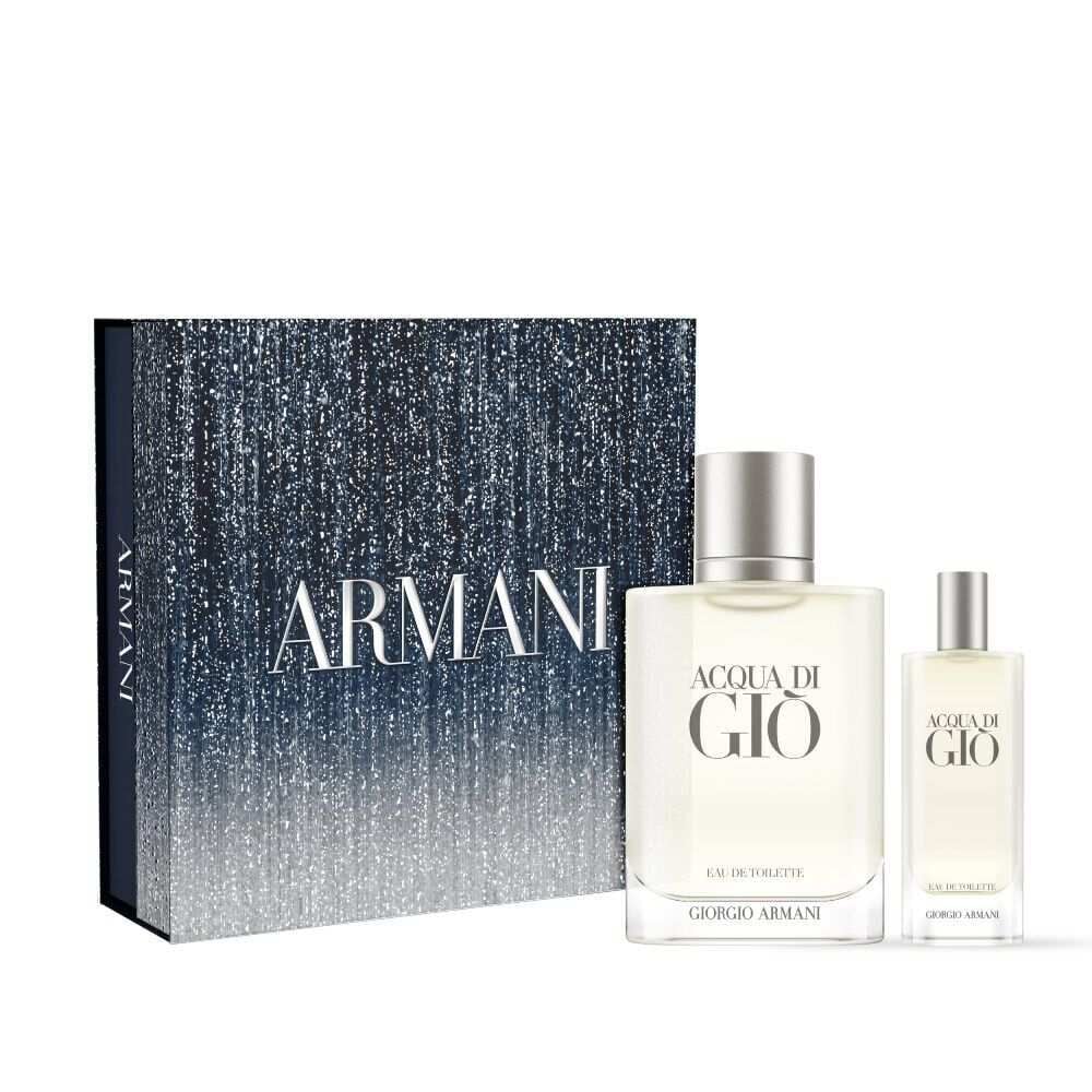 Acqua di Gio gift set with a shimmering Armani box and two frosted Eau de Toilette bottles.